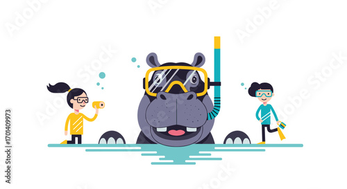A curious hippo explores the underwater world with young adventurers engaging in fun activities