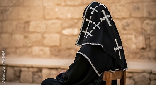 Nun in Black Habit with Crosses, Contemplative Mood