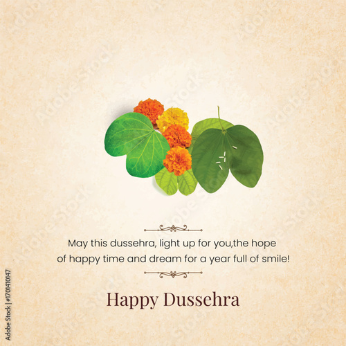 Happy Dussehra and Dussehra Leaf with Mari Gold Flower with Illustration