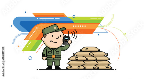 Soldier communicating via radio beside sandbag fortifications ready for combat operations