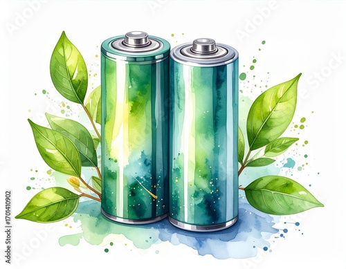 Watercolor Painting of Two Green Batteries with Leaves on White Background