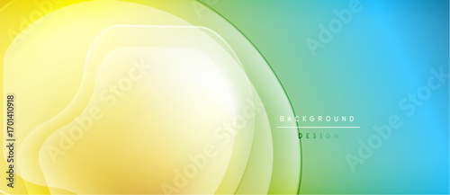 Abstract background features flowing yellow, green, blue layers. Soft gradients create dynamic, modern visual effect. Minimalist design.