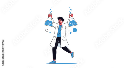 Young scientist enthusiastically holds up flasks filled with blue liquid representing chemical research and discovery