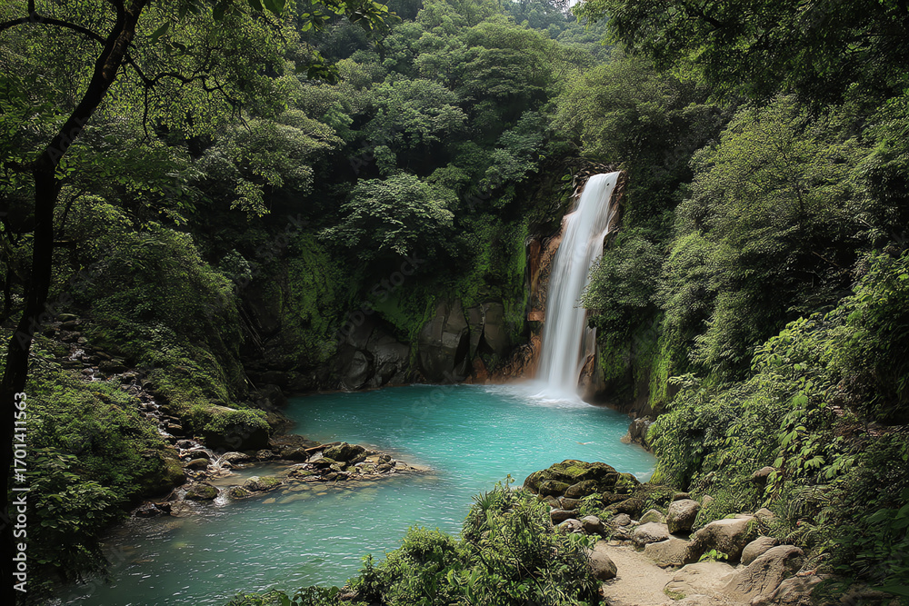 Fototapeta premium A scenic waterfall flowing into a turquoise pool surrounded by lush green forest and rocks.