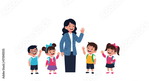 A friendly teacher greets her diverse group of enthusiastic young students on their first day back at school