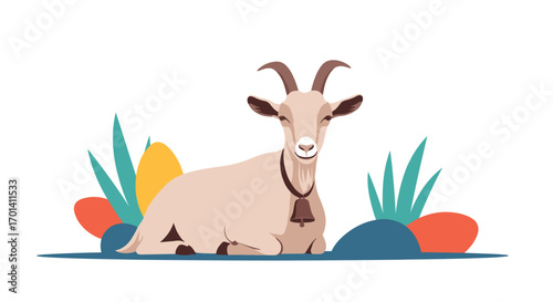 A content and peaceful domestic goat resting serenely amidst stylized foliage and organic shapes in a natural outdoor setting
