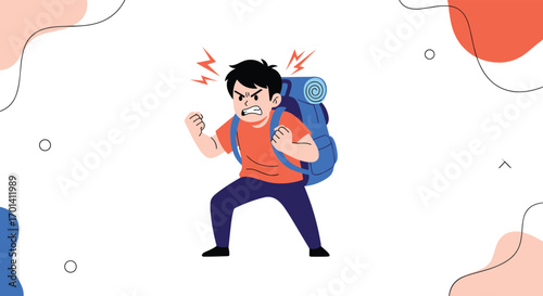 Frustrated hiker struggling with an overloaded backpack on a challenging mountain trail experiencing fatigue and irritation on their journey