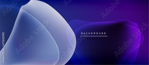 Abstract gradients, overlapping shapes create modern background. Dark blues, purples dominate design, simple text present.