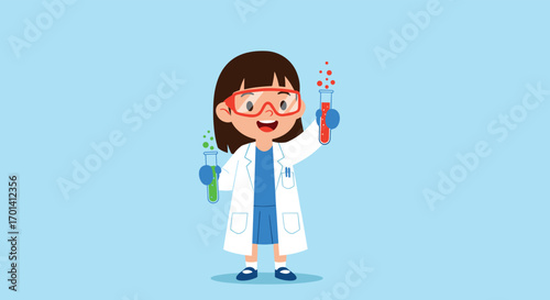 Young enthusiastic girl in lab coat conducting exciting chemical experiments in laboratory