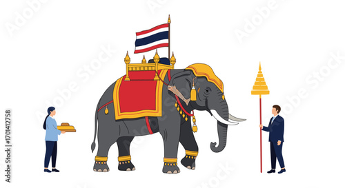 Majestic elephant decorated with ornate howdah carries thai flag during traditional procession ceremony