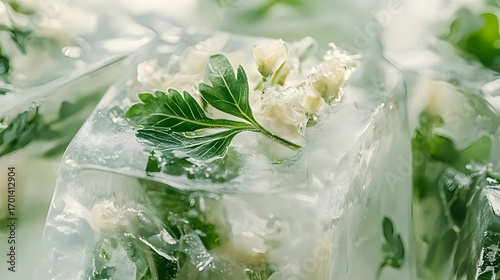Macro photography of frozen herbs inside crystal-clear ice blocks, creative culinary concept with fresh organic detail
