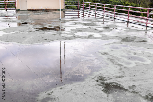 Old flat roof is ponding water and leakage after rain. Blistering flat roof.