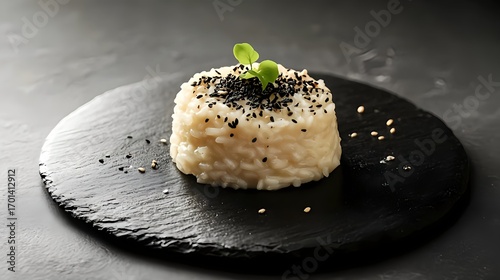 Luxury fine-dining plating of truffle risotto on black slate with spotlight presentation, gourmet Italian cuisine in elegant restaurant style
