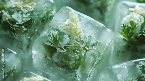 Macro photography of frozen herbs inside crystal-clear ice blocks, creative culinary concept with fresh organic detail
