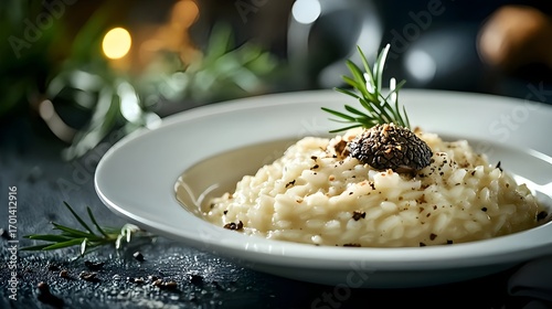 Creamy risotto with truffle shaving in fine dining concept, gourmet Italian cuisine plated under dramatic moody lighting
