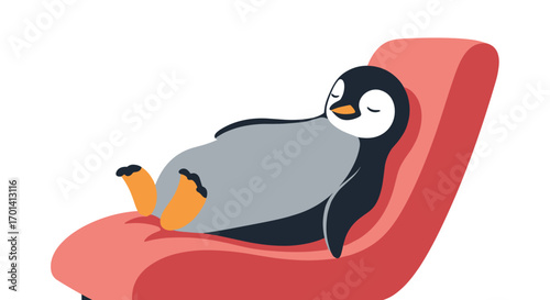 Adorable penguin relaxing comfortably on a soft chair enjoying a peaceful sleep