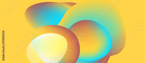 Abstract shapes overlap, creating vibrant color gradients. Yellow background enhances visual impact, smooth transitions present.