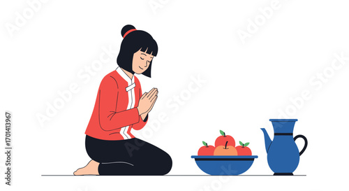 Young woman in prayer with a bowl of fruit and a pitcher on white background offering good fortune and prosperity