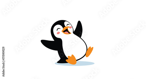Joyful cartoon penguin dancing with happiness on a white background representing celebration and fun