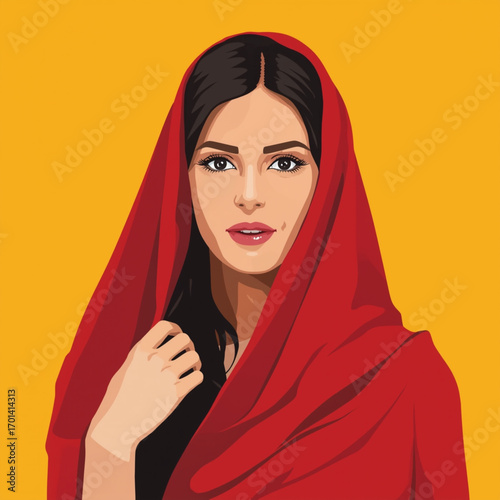 Portrait of a woman wearing a red hijab against a yellow background