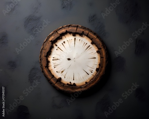 Wallpaper Mural A top-down view of a rustic wood slice with a dark bark edge on a black, textured background. A natural podium for product display. Torontodigital.ca