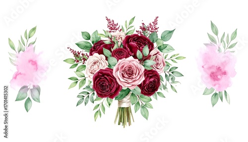 Floral bouquet arrangements, blush and burgundy roses, greenery