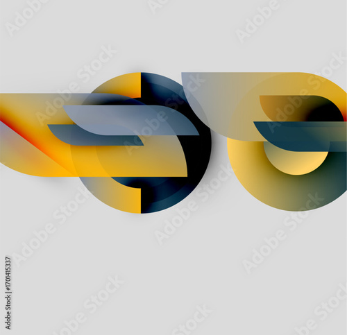 Abstract design features layered ribbons, gradients. Yellow, gray, navy hues create dynamic visual effect. Modern, sleek composition.