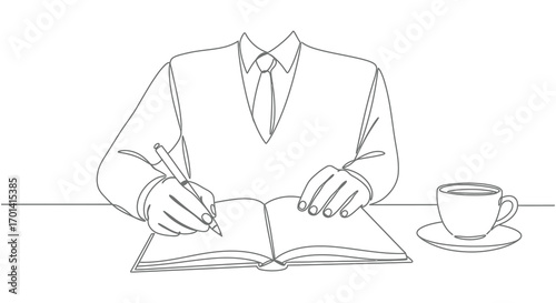 a man in suit writing notes beside coffee cup