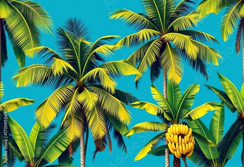 Seamless tropical vintage border featuring lush palm & banana trees on a blue background, repeat, botanical