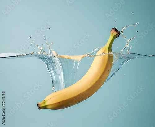 Single yellow banana falling into blue water with wave and splash, healthy fruit concept.