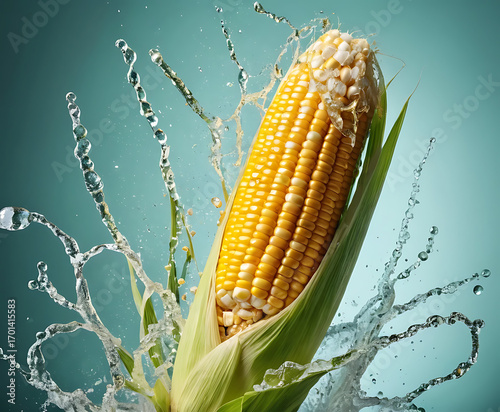 Fresh yellow sweet corn on the cob with water splash and droplets on teal background.