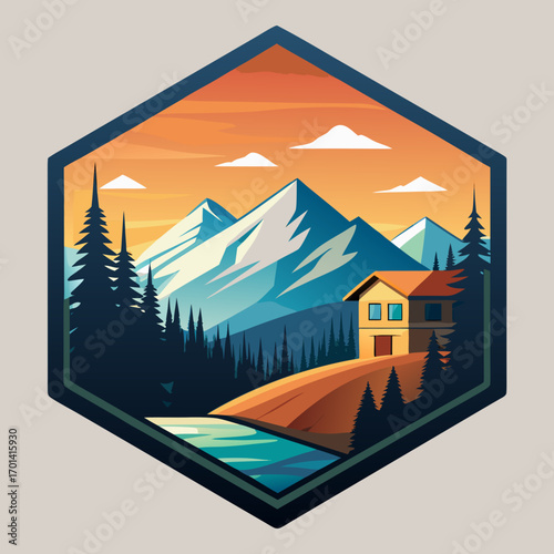 Mountain Vista in Emblem vector. An illustrated vista of towering peaks, evergreen forest, and a cozy cabin. the scene is artfully framed in a unique hexagonal emblem.