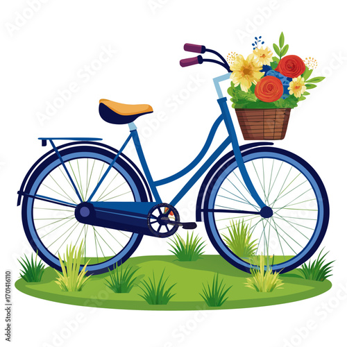 Blue Bicycle With Basket of Flowers Illustration vector