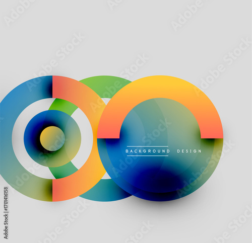 Abstract colorful circles overlap. Modern design features vibrant gradients, creating dynamic visual effect. Clean background enhances composition.