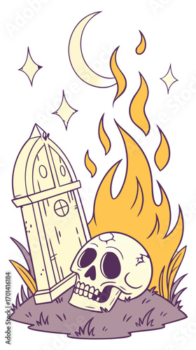 Transparent vector illustration of a Halloween theme spooky graveyard with skull, fire, and tombstone