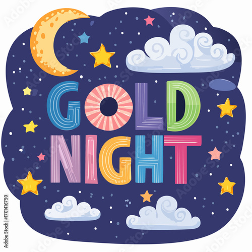 Colorful 'Good Night' greeting card with moon, stars, and clouds.