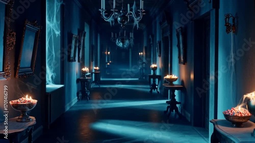 Eerie Haunted Mansion Hallway with Flickering Candles and Spooky Portraits