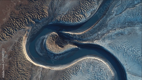 A stunning aerial view from space of a massive, sinuous sand dune resembling a slug, dramatically cutting through a textured floodplain landscape.