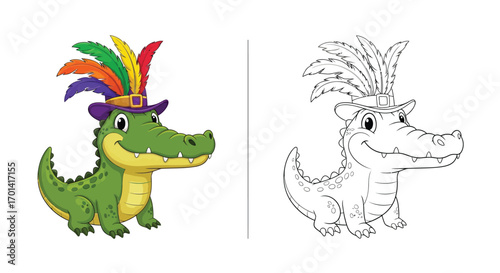 Cheerful Alligator Wearing Mardi Gras Hat Coloring Sheet Fun New Orleans Carnival Art