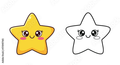 Happy Animated Star Character Ramadan Coloring Sheet with Crescent Moon and Sky