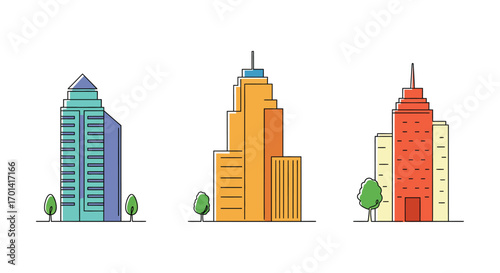 city skyline featuring tall buildings and small trees