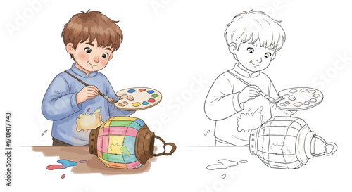 Smiling Boy Decorating Lantern Ramadan Coloring Sheet with a Paintbrush and Art