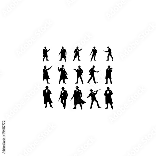 Classic mafia gangster silhouette vector set with vintage suits, hats, guns, smoking poses, and stylish crime character designs 