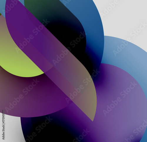 Abstract shapes overlap, creating vibrant color blends. Smooth gradients define forms, suggesting depth, movement.