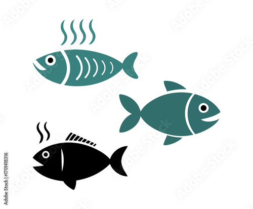 set of fishes. stylized fish icons with steam indicating cooking