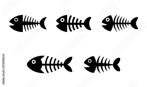 silhouetted fish skeletons with cartoon eyes
