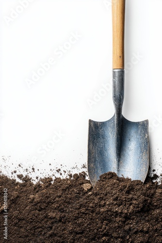 A weathered gardening shovel rests in dark soil against a stark white backdrop, its wooden handle extending upwards
