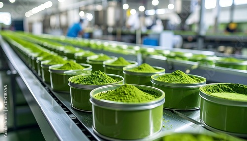 Matcha tea powder cans on production line.