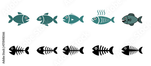 Collection of cartoon fish and fish skeletons