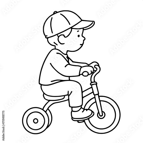 A young child rides a tricycle in side view, line art, wearing a baseball cap, minimalist black-and-white outline.